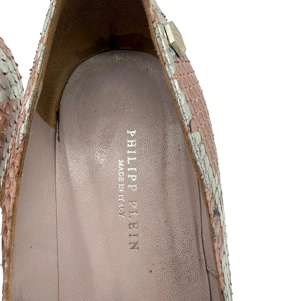 Philipp Plein Peep Toe Platform Heels Snakeskin Print Pink Silver Size 38‎